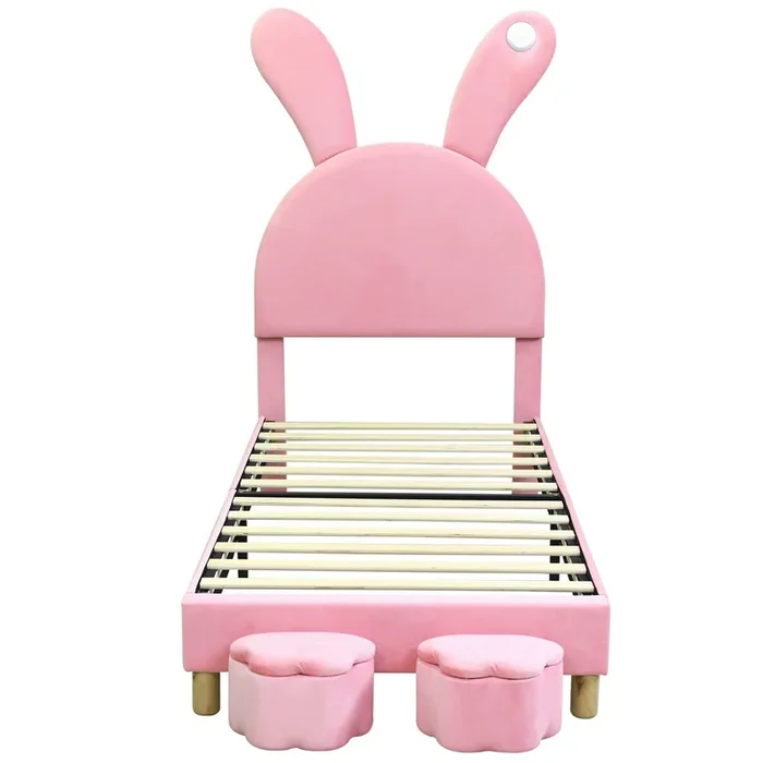 Cama infantil de terciopelo – 90×200 cm – orejas de conejo plegables con LED – 2 taburetes con almacenaje – Rosa