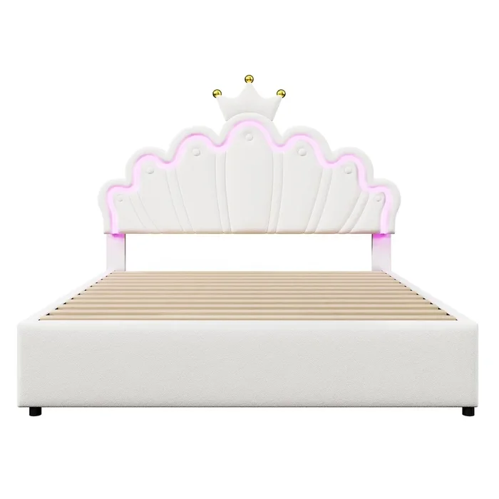 Cama infantil tapizada 140×200 cm – con LED y 2 cajones – Blanco