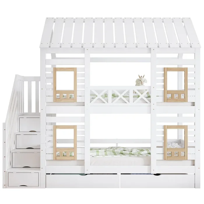 Cama litera 90x200cm – Con protección, ventana, 2 cajones, escalera con 4 estantes – Blanco+Natural