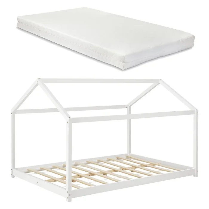 Cama para niños Cerro con colchón en forma de casa madera pino 140 x 200 cm – Blanco [en.casa]