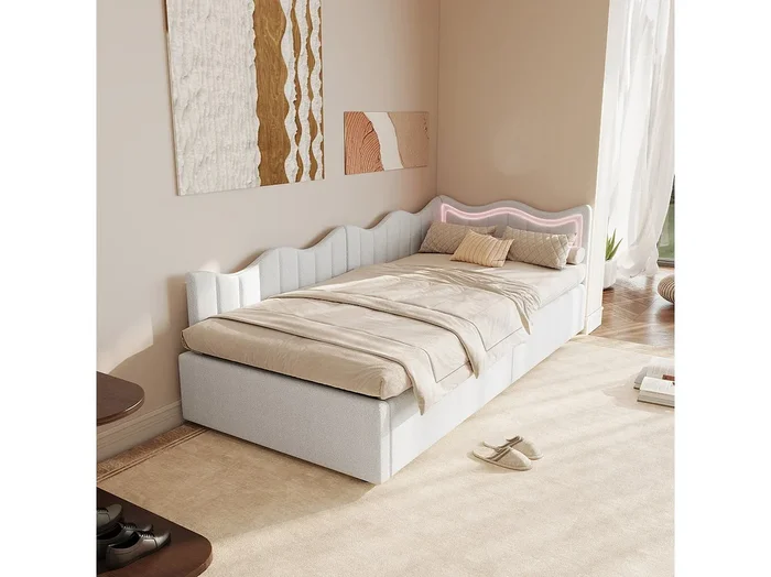 Cama/sofá infantil con almacenaje y LED – 90×200 cm – Tejido de felpa blanco con cabecero ondulado de diseño moderno