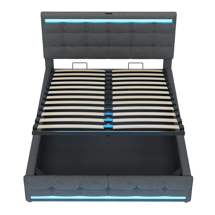 Cama tapizada 140*200 cm – Cama LED con gran almacenamiento y 2 puertos USB, cabecero ajustable, plataforma tapizada de lino – Gris
