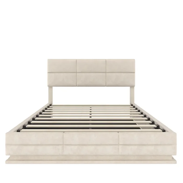 Cama tapizada 140×200 cm – Cabezal ajustable, puertos USB/Type-C, iluminación LED, sistema hidráulico, gran capacidad de almacenamiento – Beige