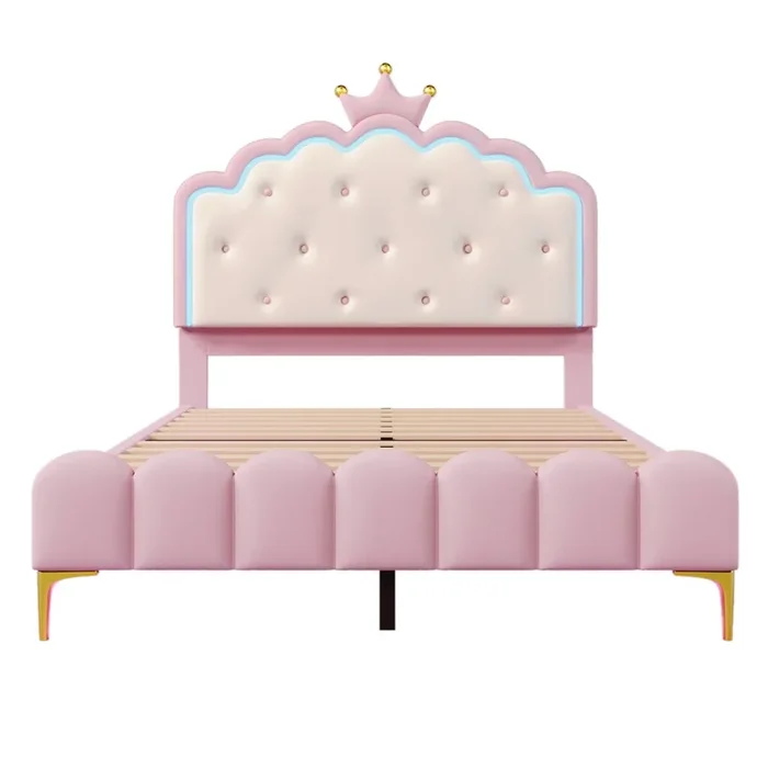 Cama tapizada 140×200 cm con LED – Material piel sintética – con somier – Rosa