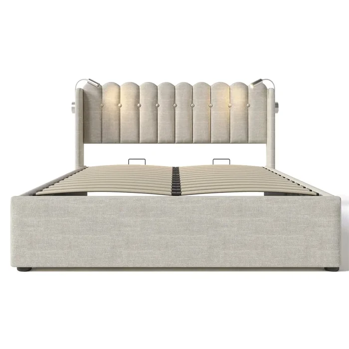 Cama tapizada 160×200 – Con luz de lectura, con función de carga, cabecero con almacenamiento, estructura de lino – Natural