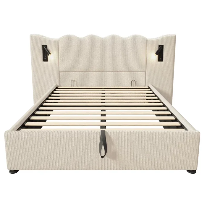 Cama tapizada 160×200 con lámpara de lectura y puerto USB-C, canapé con somier de madera y metal – Beige-Blanco