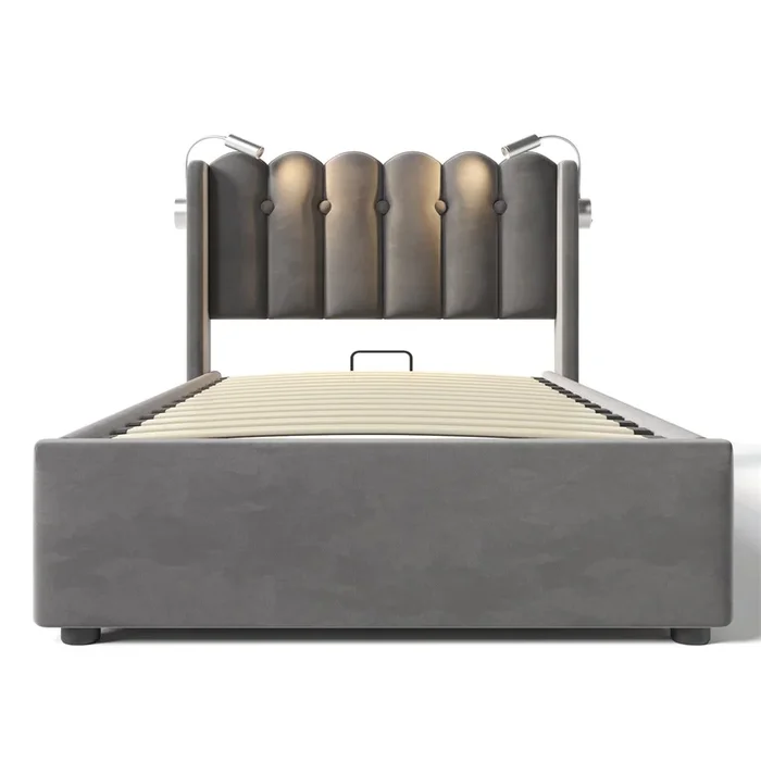 Cama tapizada 90×200 – Leselicht con carga, cabecero, almacenamiento, estructura de cama de terciopelo – Gris