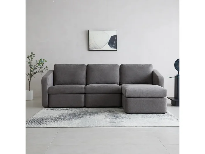 Canapé Modulable 3 Plazas Gris Oscuro con Puff – Cómodo y Elegante