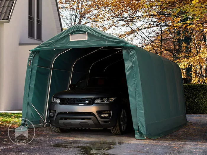 Carpa garaje 3,3×4,8 m – Estática incl., PRIMEtex 2300, verde oscuro, con Estática (para suelos blandos)