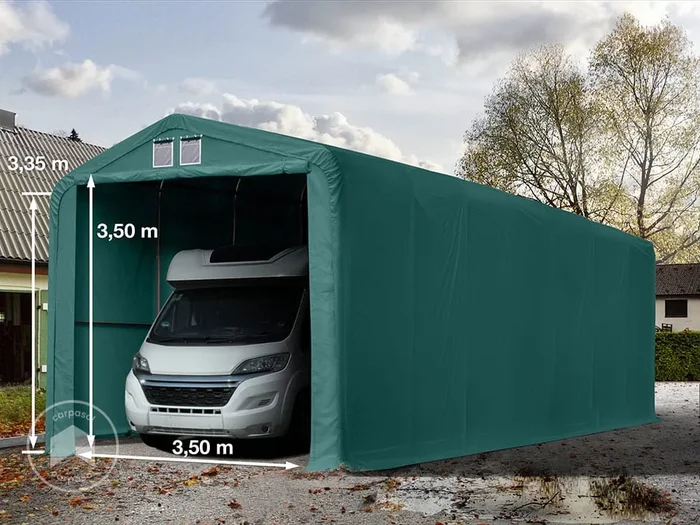 Carpa garaje 4×24 m con entrada 3,5×3,5 m, PVC 850, verde oscuro, con Estática (para hormigón)