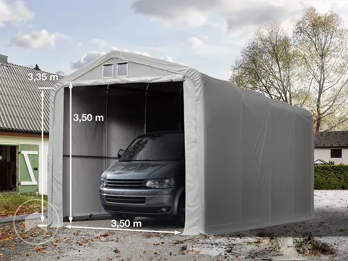 Carpa garaje 4×8 m con entrada 3,5×3,5 m, PVC 850, gris, sin Estática