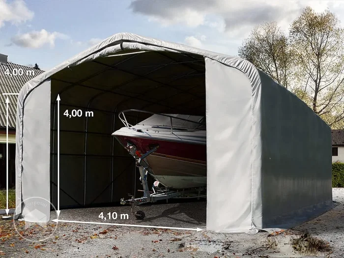 Carpa garaje 6×36 m con entrada 4,1×4 m, PRIMEtex 2300, gris, con Estática (para hormigón)