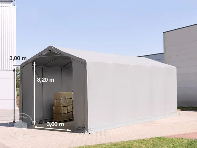 Carpa industrial 4×12 m – altura lateral de 3,0 m con puerta con cremallera, PVC 850, gris, con Estática (para suelos blandos)