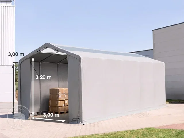 Carpa industrial 4×12 m – altura lateral de 3,0 m con puerta con cremallera y claraboyas, PVC 850, gris, con Estática (para suelos blandos)