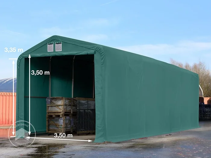 Carpa industrial 4×16 m con entrada 3,5×3,5 m, PVC 850, verde oscuro, sin Estática