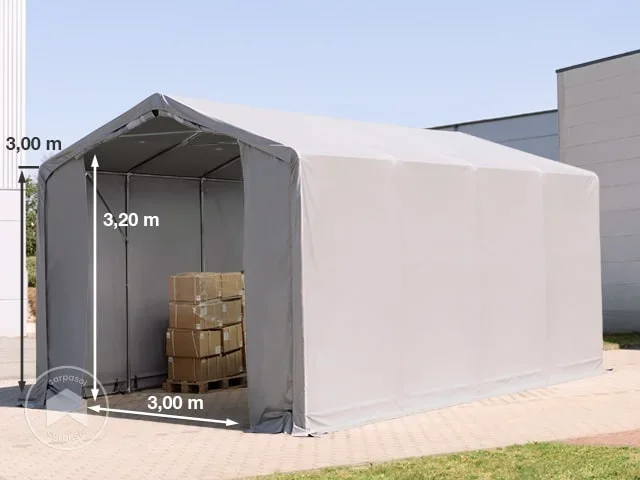 Carpa industrial 4×8 m – altura lateral de 3,0 m con puerta con cremallera, PRIMEtex 2300, gris, con Estática (para hormigón)