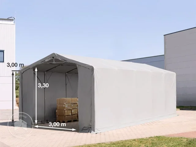 Carpa industrial 5×10 m – altura lateral de 3,0 m con puerta con cremallera, PVC 850, gris, con Estática (para suelos blandos)
