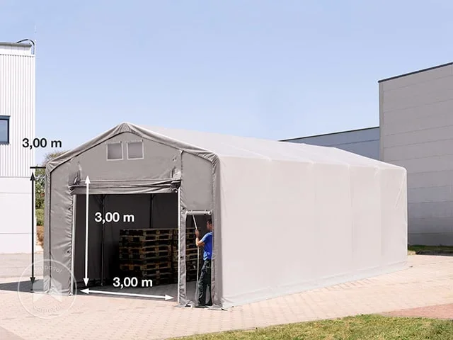 Carpa industrial 5×10 m – altura lateral de 3,0 m con puerta levadiza, PRIMEtex 2300, gris, con Estática (para hormigón)