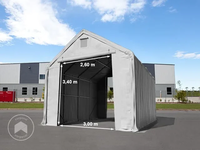 Carpa industrial 5×10 m con entrada 3×3,4 m, PRIMEtex 2300, gris, con Estática (para suelos blandos)