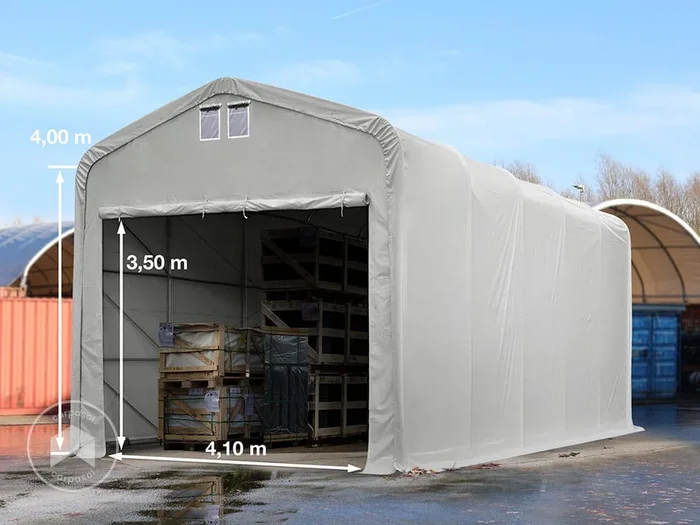 Carpa industrial 5×10 m con entrada 4,1×3,5 m, PRIMEtex 2300, gris, sin Estática