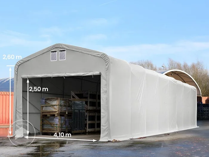 Carpa industrial 5×30 m con entrada 4,1×2,5 m, PVC 850, gris, sin Estática