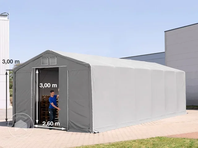 Carpa industrial 6×12 m – altura lateral de 3,0 m con puerta corredera, PVC 850, gris, con Estática (para hormigón)