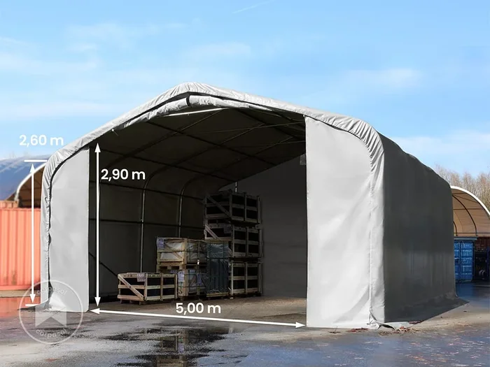 Carpa industrial 7×7 m con entrada 5×2,9 m, PVC 850, gris, con Estática (para hormigón)