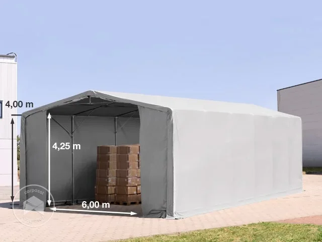 Carpa industrial 8×12 m – altura lateral de 4,0 m con entrada con cremallera, PVC 850, gris, con Estática (para hormigón)