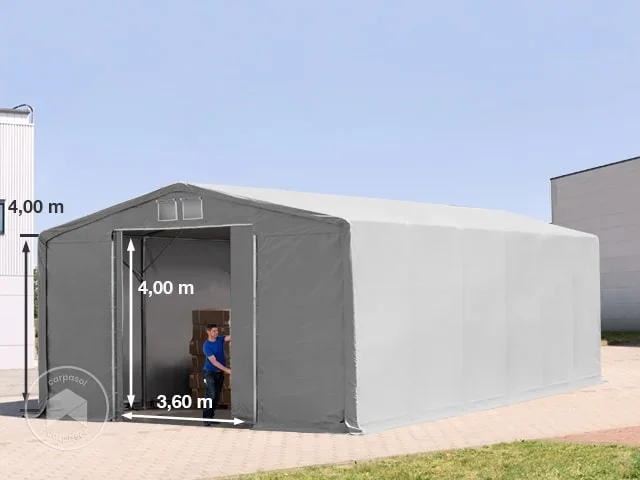 Carpa industrial 8×12 m – altura lateral de 4,0 m con entrada corredera, PVC 850, gris, con Estática (para suelos blandos)