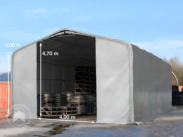 Carpa industrial 8×12 m con entrada 4×4,7 m, PRIMEtex 2300, gris, con Estática (para hormigón)