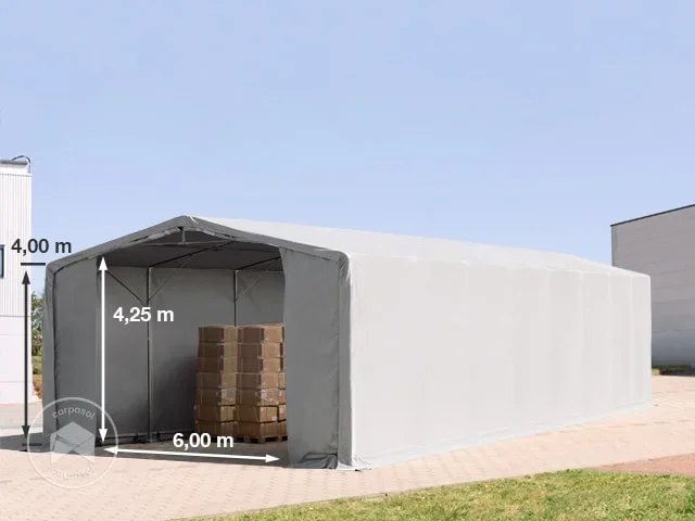 Carpa industrial 8×16 m – altura lateral de 4,0 m con entrada con cremallera, PRIMEtex 2300, gris, sin Estática