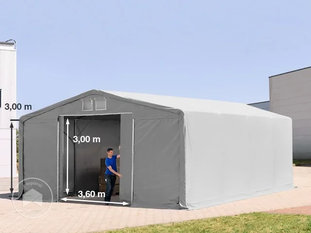 Carpa industrial 8×8 m – altura lateral de 3,0 m con puerta corredera, PRIMEtex 2300, gris, con Estática (para suelos blandos)