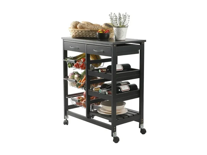 Carrito de almacenamiento negro con ruedas – 2 cajones y 3 estantes, dimensiones 65x35x76 cm