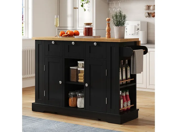 Carrito de cocina negro – Isla de cocina con 2 puertas y 3 cajones – Especiero y 5 ruedas – para cocina y comedor
