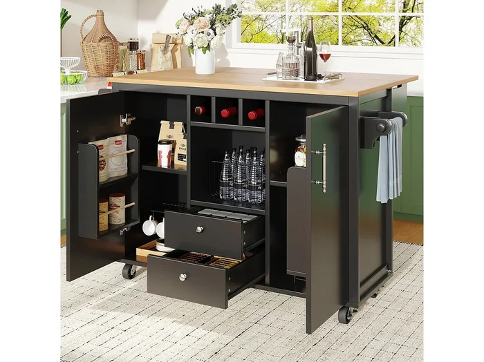 Carrito de servicio negro – Carrito de servicio con 2 cajones y 2 puertas – Especiero y botellero – para comedor