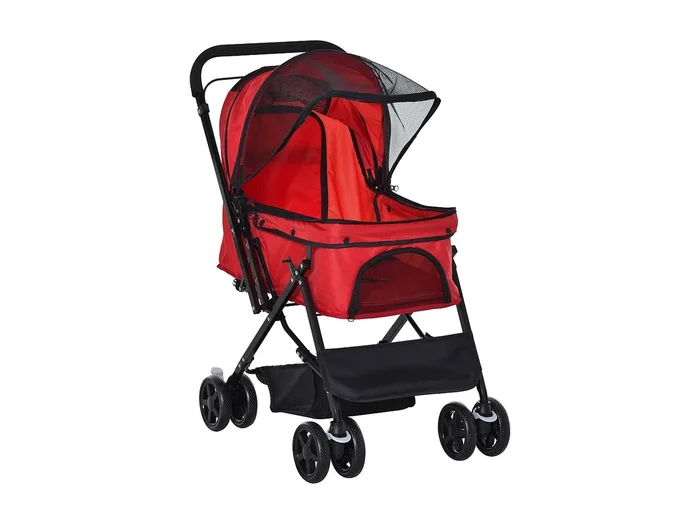 Carrito para perros y gatos, plegable, con funda de poliéster, color rojo, 4 ruedas giratorias (76,5 x 52 x 95 cm)