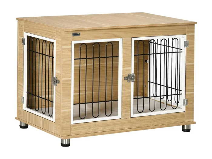 Caseta para perro con tablero de mesa, jaula y caseta, puertas dobles, acolchada, tablero de partículas, roble (90x58x65cm)