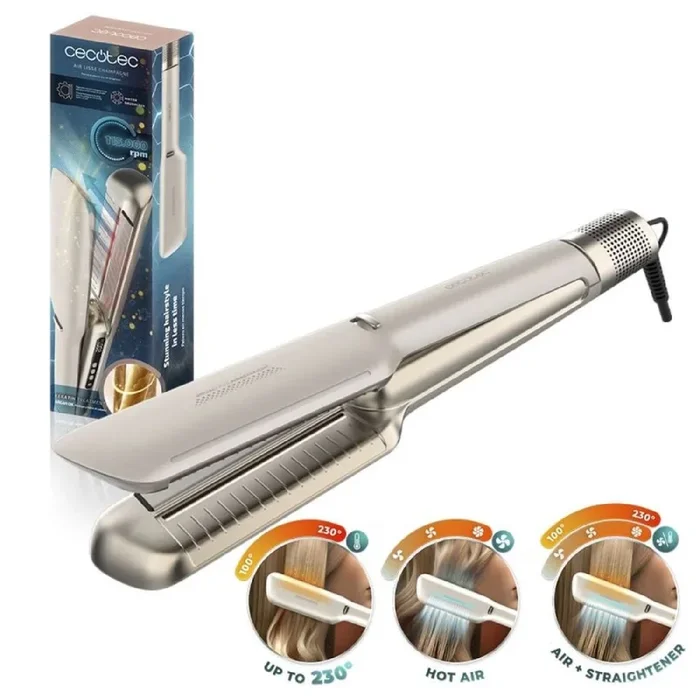 Cecotec Plancha de Pelo con Aire Air Lisse Champagne. 600W, Protege el Cabello, Tecnología Iónica, Keratina y Aceite de Argán