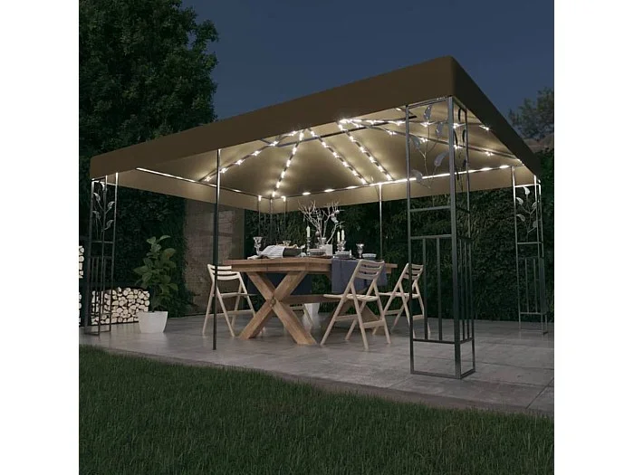 Cenador doble techo y tira de luz LED gris taupe 3×4 m 180 g/m² ES955191