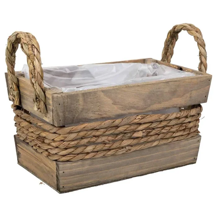 Cesto de madera y cuerda con asas marrón 25x15x13