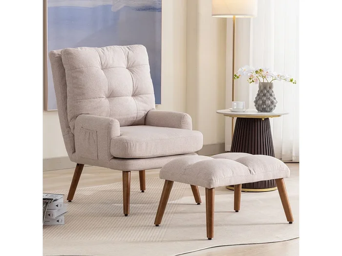 Chaise longue con reposapiés – 60 x 67 x 96,5 cm – respaldo regulable – reclinable – madera maciza – beige
