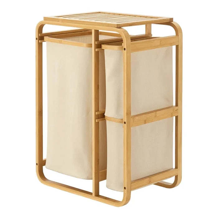 Clasificador de ropa Evenes con 3 bolsas/ 38 L + 12 L bambú/poliéster 71 x 50 x 33 cm – Beige [en.casa]