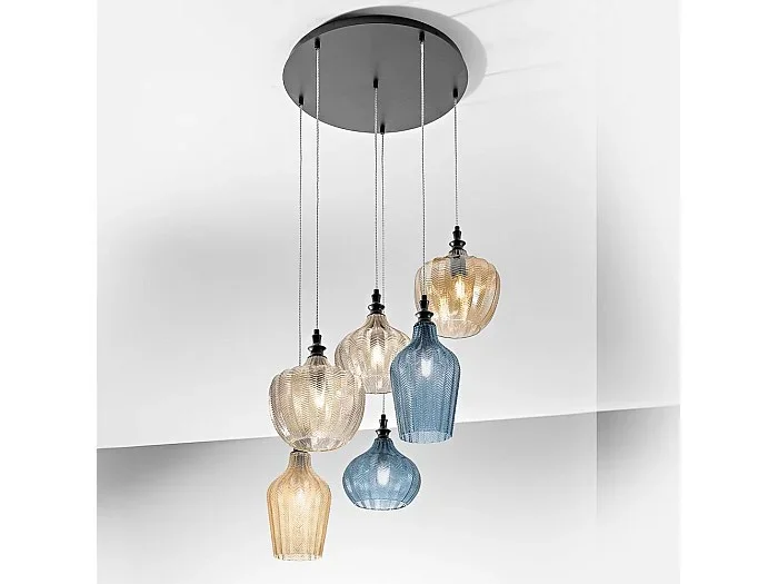 Cleofe – Lámpara colgante de 6 luces con cristal ámbar, ocre y cobalto – 6XE27 max 6X60W, elegante diseño moderno, IP20