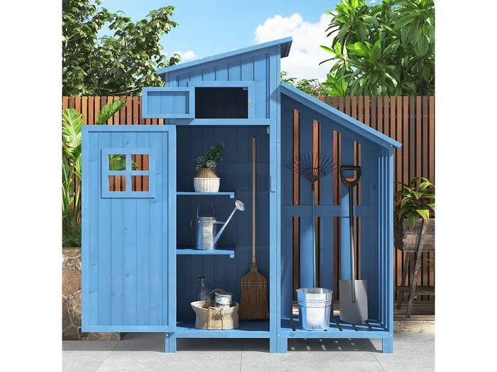 Cobertizo de jardín de madera maciza con techo inclinado de PVC – 2 estantes y 3 puertas con pestillo – L124 x P46 x H174 cm – Azul