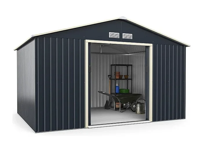 Cobertizo de jardín de metal 8,67㎡ 340 x 255 x 210 cm con 2 puertas correderas con cerradura 4 orificios de ventilación gris para bicicleta 20_0005483