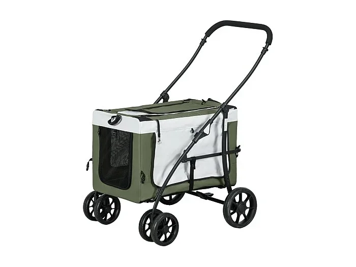 Cochecito plegable 2 en 1 para perros y gatos de hasta 10 kg, poliéster, verde oscuro, con cojín y redes (81 x 58 x 97,5 cm)