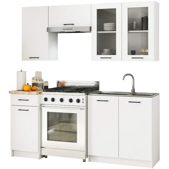 Cocina modular con armarios altos y vitrina AKORD OLIWIA 180 cm Blanco 7 puertas 1 cajón 180x46x203 cm