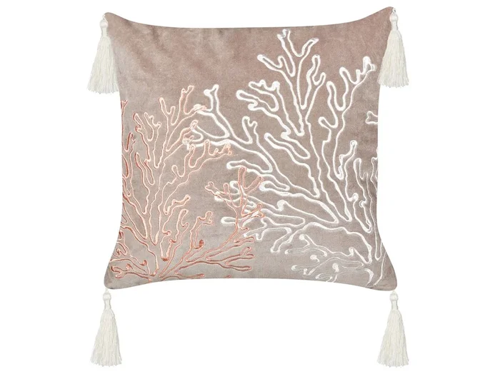 Cojín decorativo MAZZAELLA Terciopelo 45 x 45 cm Gris pardo Patrón de plantas