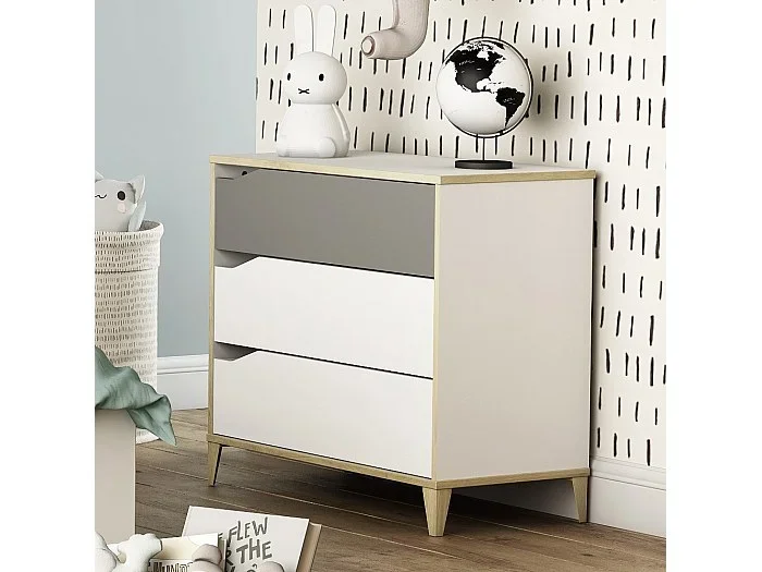 Cómoda 2 + 1 cajones – GENIUS – Blanco y Gris – 78,3 x 42,6 x 75,9 cm – DEMEYERE