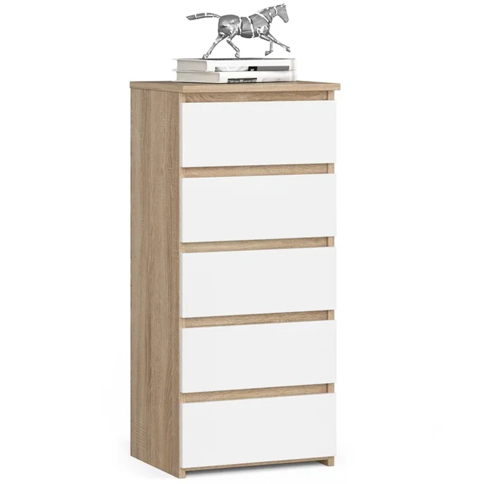 Cómoda AKORD CL5 Roble Sonoma 40 cm 5 cajones frente frente en color Blanco 40x35x92 cm